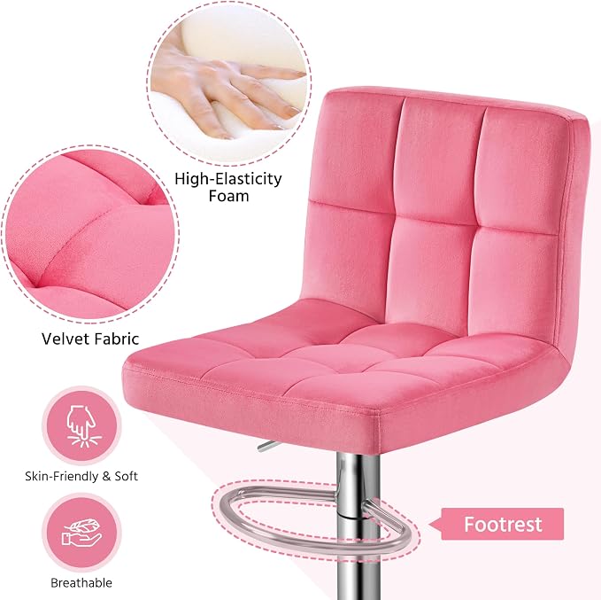 Yaheetech Pink Velvet Bar Stools, Adjustable Barstools Set of 4, Armless Swivel - Image 7