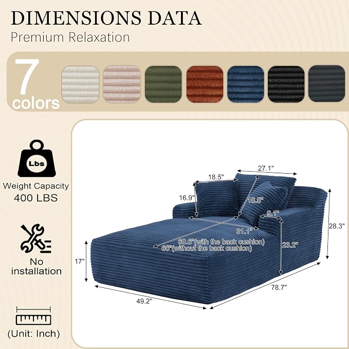 80 Inch Chaise Lounge Chair Indoor, Oversized Corduroy Upholstered Boneless - Image 2