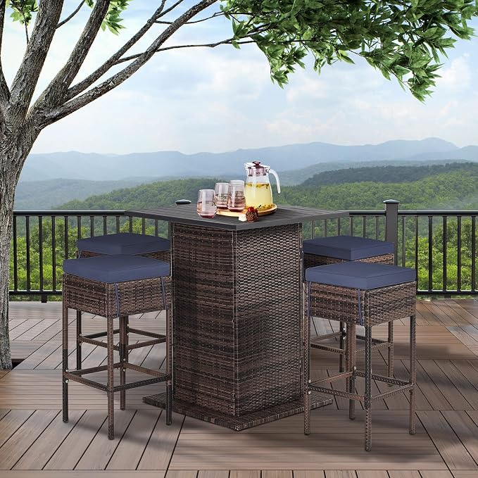HAPPYGRILL 5 Piece Rattan Bar Set Outdoor Wicker Bar Table and 4 Bar Stools - Image 3