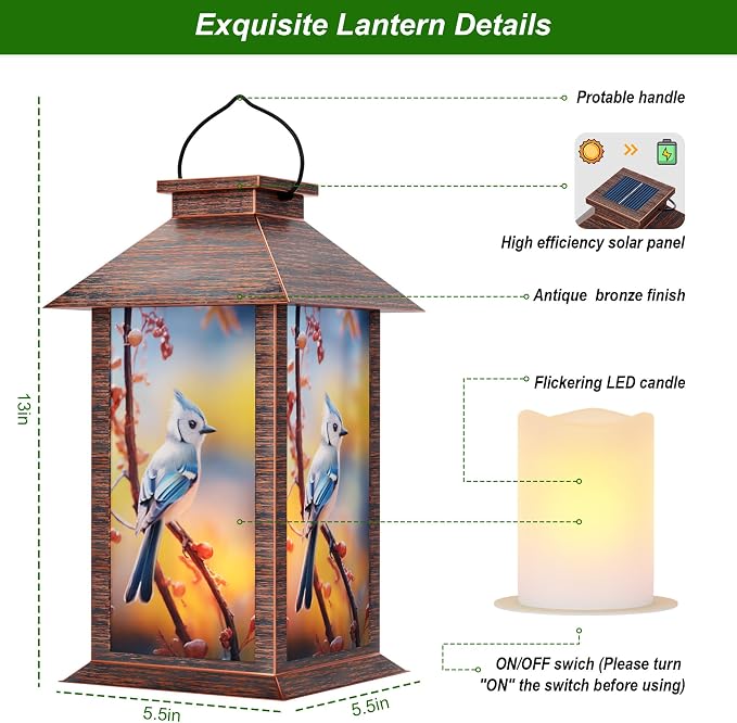 Outdoor Solar Lanterns, Waterproof Blue Jay Hanging Lantern - Image 2