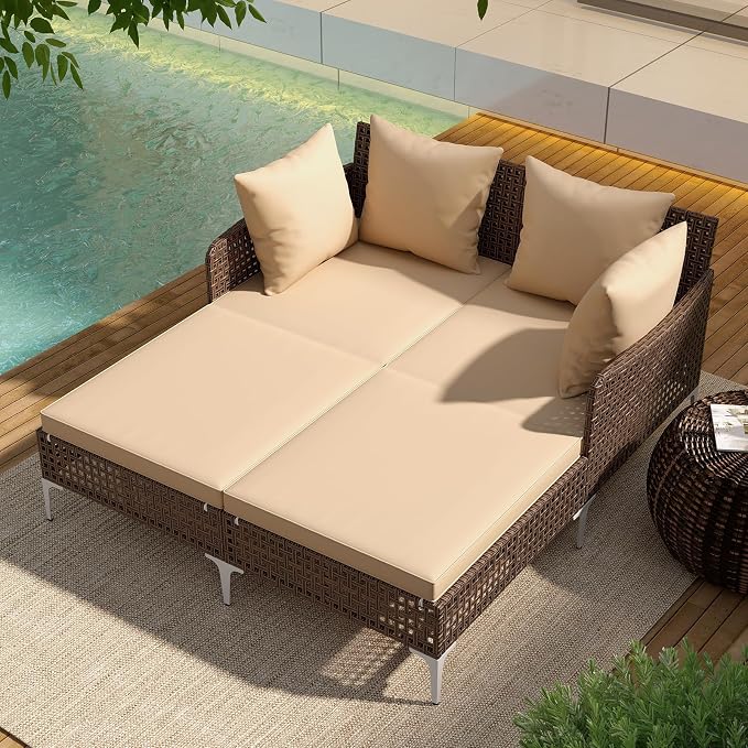 Tangkula Outdoor Rattan Double Daybed, Boho Wicker Chaise Lounge - Image 3