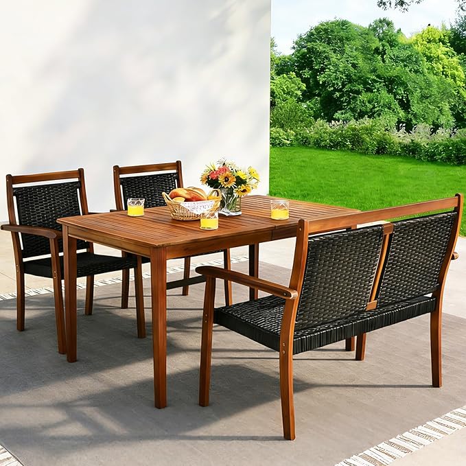 COSTWAY 4 Piece Patio Rattan Dining Furniture Set, Outdoor Acacia Wood Frame by COSTWAY