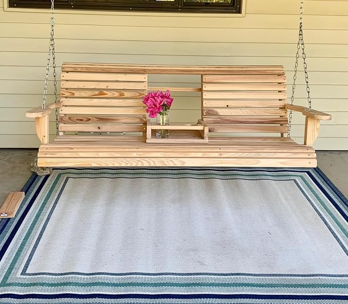 5 Ft Wooden Porch Swing with Flip Cup Holder, Swing Chair Bench with Hanging - Image 3
