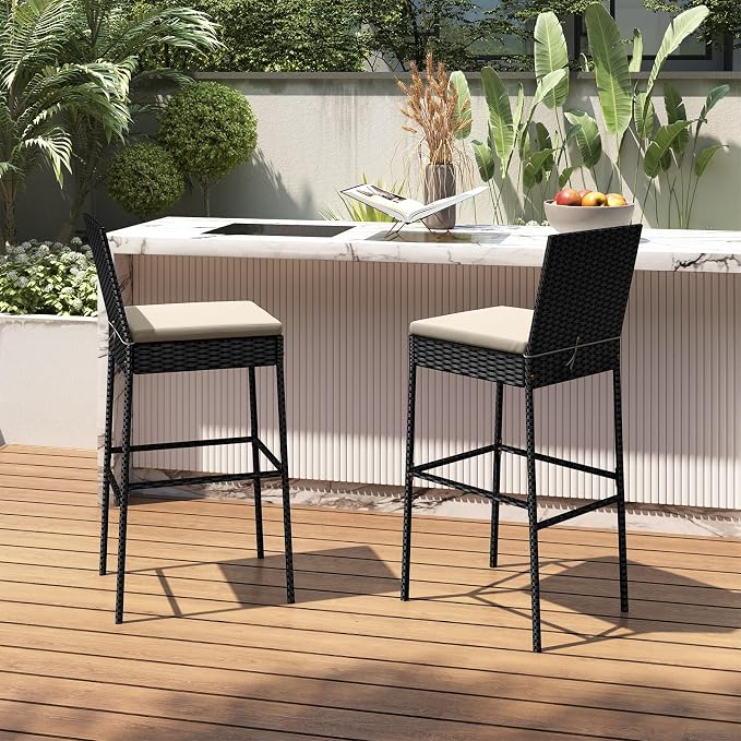 HAPPYGRILL Wicker Patio Barstools Set of 2, Outdoor Rattan Bar Chairs - Image 2