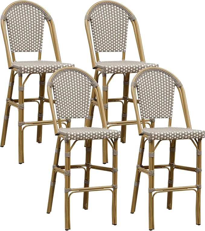 PURPLE LEAF French Bar Stool Set of 4 Bamboo Print Finish Patio Bar Stools by PURPLELEAF