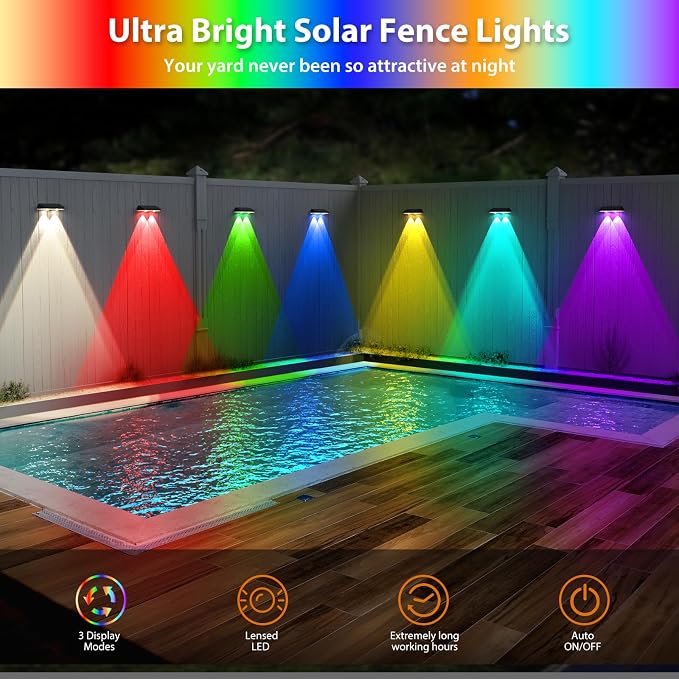 Solar Fence Lights, RGB & Warm White & 6 Colors Bright Lens LED Dusk to Dawn - Image 9