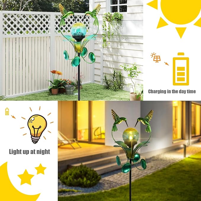 Solar Lights Outdoor Metal Garden Stake Waterproof Crackle Glass Globe Garden - Image 6
