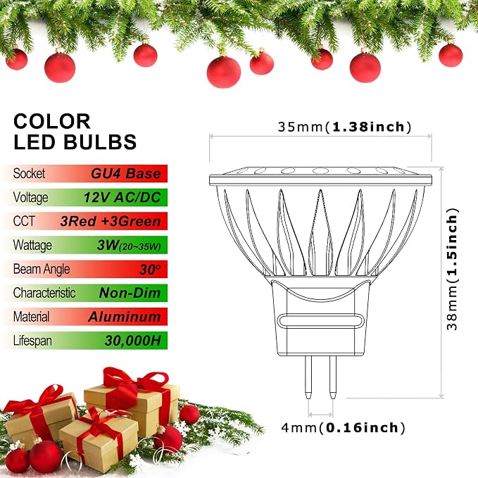 ALIDE Red Green MR11 GU4 Led Bulbs, Replace 10W 20W 35W Halogen, 12V 3W Red - Image 3