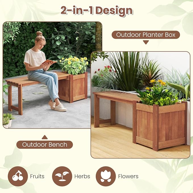 HAPPYGRILL Outdoor Bench with Raised Garden Bed, Wood Planter Box with Spacious - Image 4