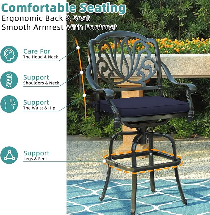 MEETWARM 2 Piece Patio Swivel Bar Chairs, All Weather Cast Aluminum High Swivel - Image 5