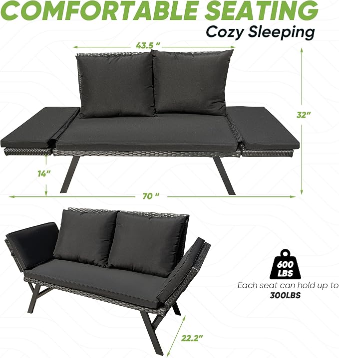 Greesum Outdoor Sofa, Woven Rattan Patio Furniture, Convertible Daybed or - Image 3