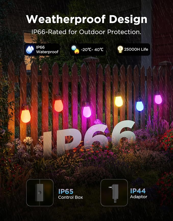 Govee S14 Bulb Outdoor String Lights 2, 144ft RGBIC Smart Warm White Outdoor - Image 4