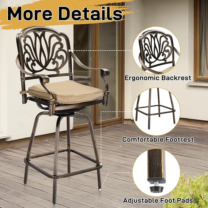Outvita Set of 2 Outdoor Swivel Bar Stools-Cast Aluminum, Bar Height Patio - Image 4