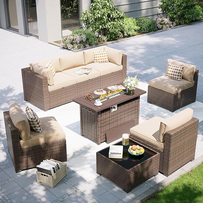 Aoxun Patio Furniture Set with Fire Pit Table, 8 Piece Outdoor Sectional Sofas by Aoxun