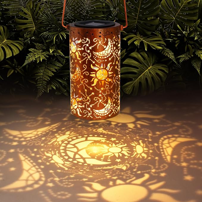 Solar Lanterns Outdoor Hanging Lantern Lights, Sun Moon Metal Decor by DIBIEECN
