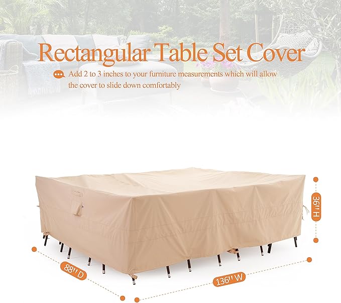 WJ-X3 Large Rectangular Beige Heavy-Duty Patio Table Cover, Waterproof - Image 6