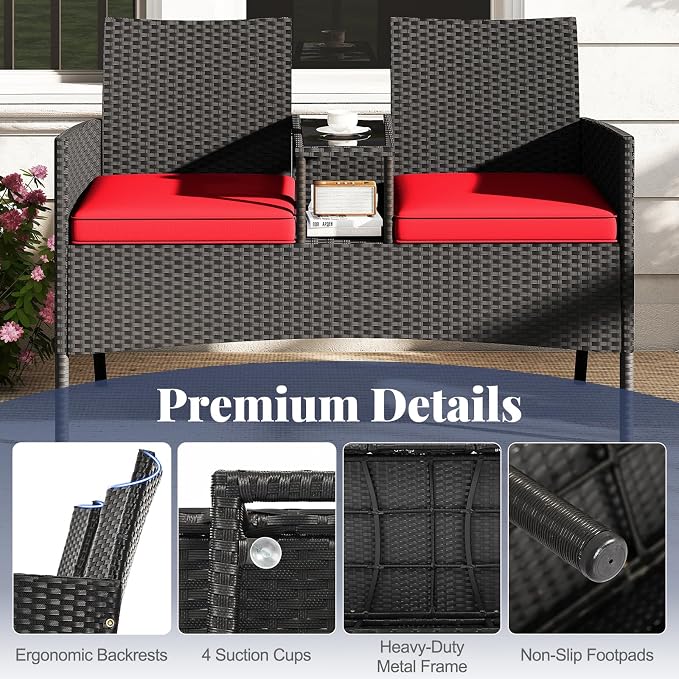 Tangkula Patio Loveseat with Built-in Table, Wicker 2-Seat Furniture with Soft - Image 7