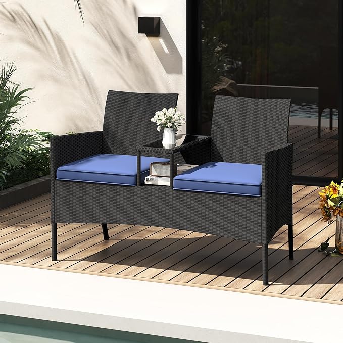 Tangkula Patio Loveseat with Built-in Table, Wicker 2-Seat Furniture with Soft - Image 3