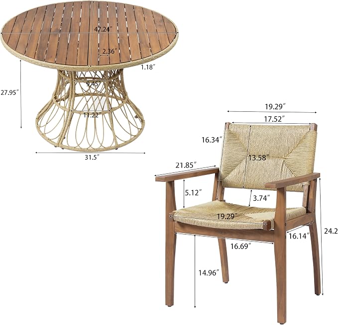 Merax 5-Piece Outdoor Dining Set, 47.24'' Round Acacia Wood Table & 4 Wicker - Image 2