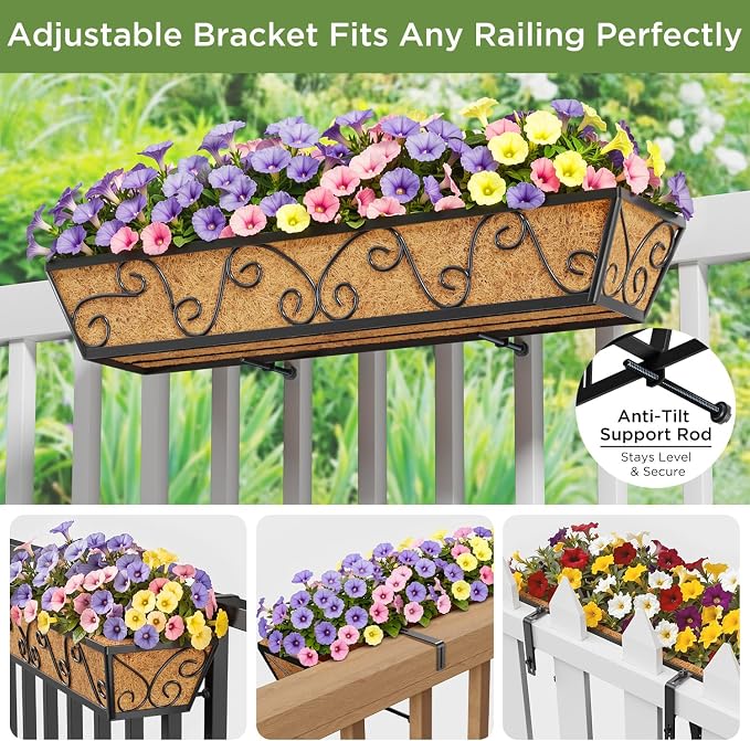 Y&M 30 Inch Window Deck with Coco Liner, Fence Metal Hanging Flower Planter - Image 2