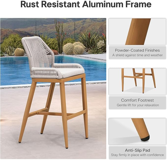 PURPLE LEAF Bar Stools Set of 4 Outdoor Bar Height Metal Stools Modern Wicker - Image 7