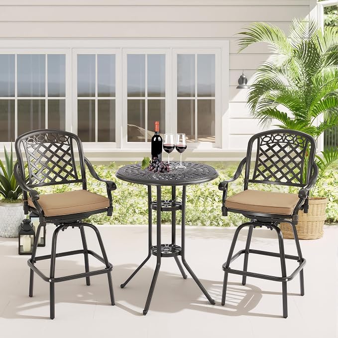 3-Piece Cast Aluminum Patio Bar Set, Outdoor Round High Top Table & 2 Swivel - Image 7