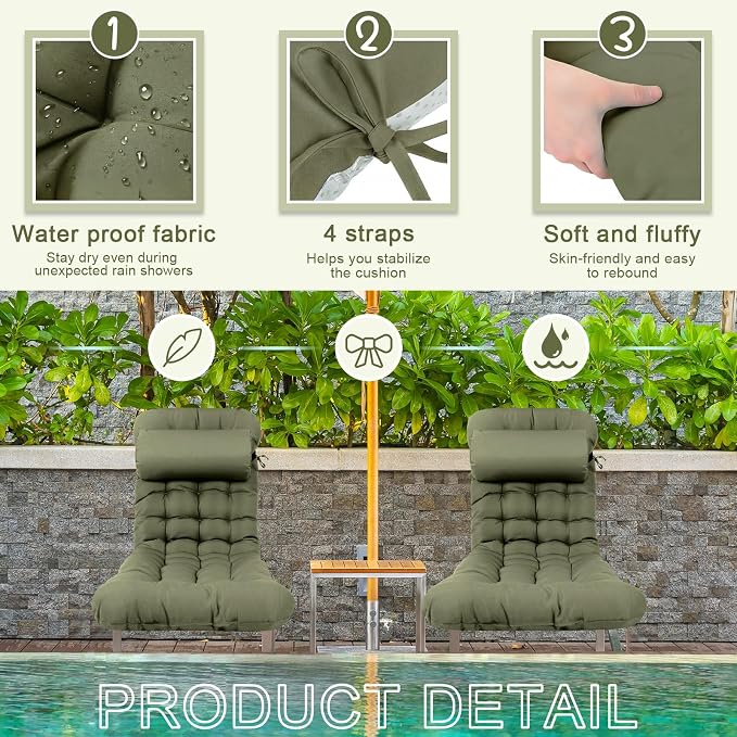 Tudomro 2 Pcs Olive Green 66'' Outdoor Chaise Lounge Cushion Waterproof Patio - Image 3