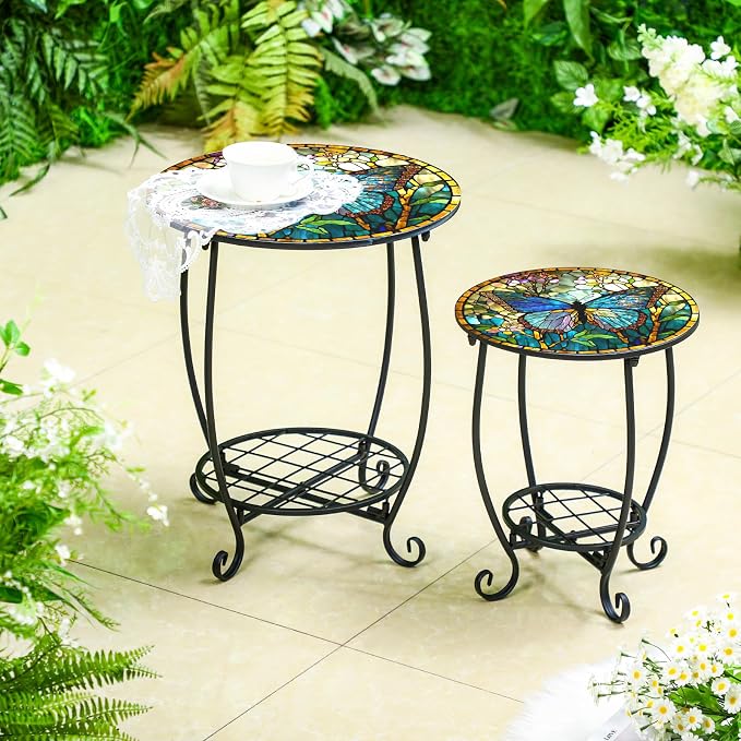 2 Pcs Outdoor Side Table Small Patio Round Mosaic Accent Indoor End Table Plant - Image 4