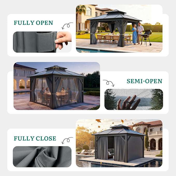 YITAHOME 10X10FT Polycarbonate Gazebo Outdoor Patio Double Top Canopy - Image 6