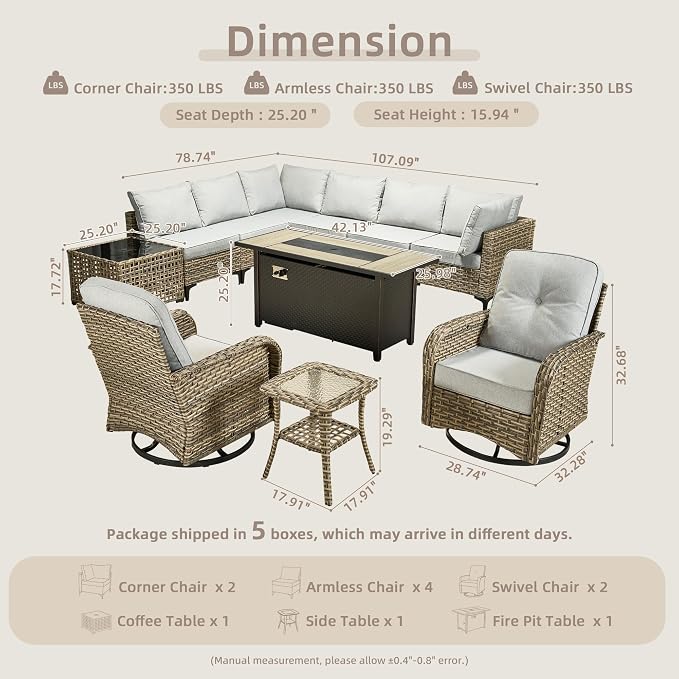 11-Piece Outdoor Sectional Sofa Set w/ 54" Fire Pit – L-Shaped Wicker Patio - Image 8