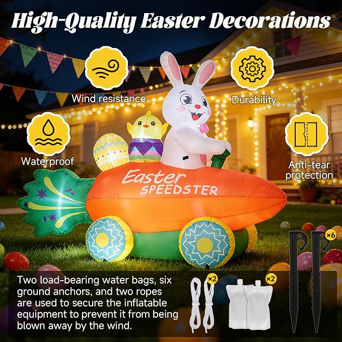 Inflatable Easter Bunny with Carrot Car and Easter Eggs, 6FT Easter Inflatables - Image 3