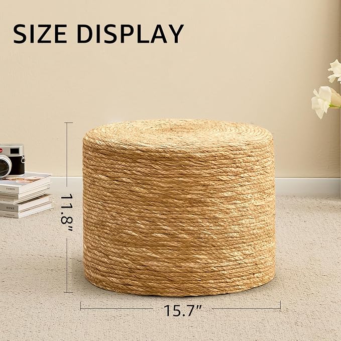 Wimarsbon Round Pouf Ottoman, Natural Hand Knitted Footrest Poof, Rustic Lounge - Image 3