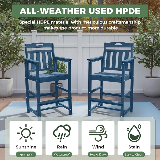HDPE Outdoor Patio Tall Bar Chair, All-Weather Bar Height Balcony Adirondack - Image 2