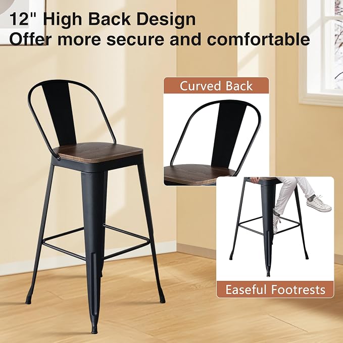 ALISH 26 Inch Industrial Bar Stools Set of 4, High Back Metal Barstools - Image 5