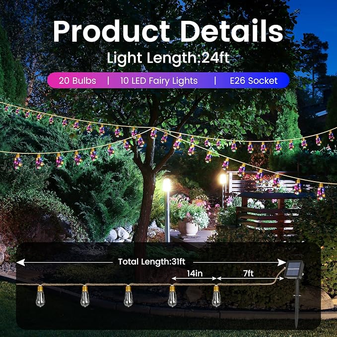 Solar String Lights Outdoor, 24FT Vintage Rope Hemp Solar String Lights - Image 5