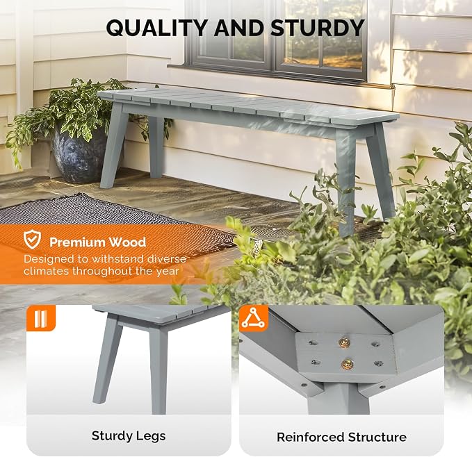 VINGLI Outdoor Wooden Bench, 45” 2-Person Backless Dining Bench, Weatherproof - Image 4