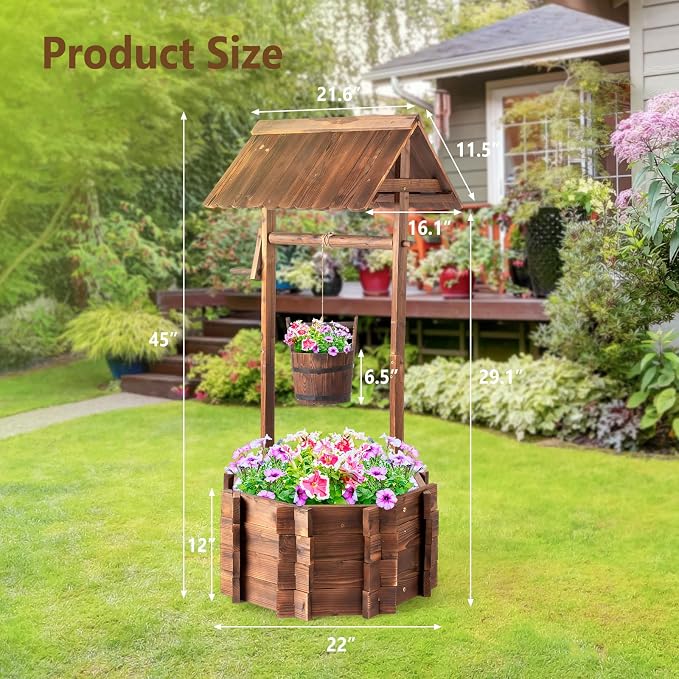 VINGLI Wooden Wishing Well Outdoor Planters, Well Covers - Image 2