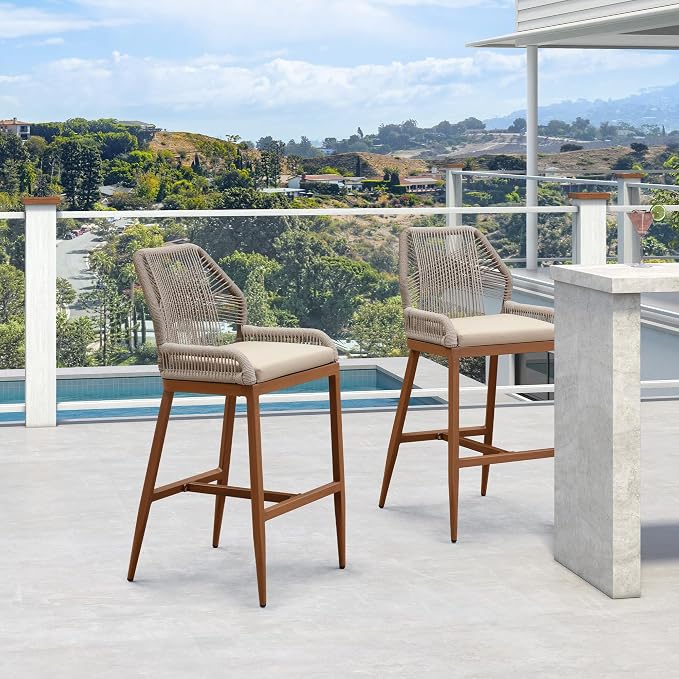 PURPLE LEAF Patio Sunbrella Bar Stools 28" H Set of 2 Handwoven Wicker Bar - Image 3