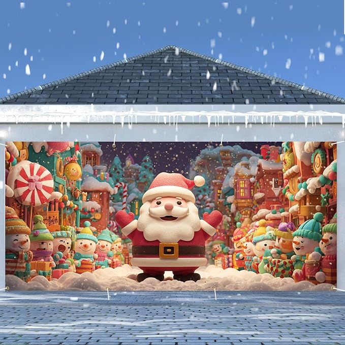 Cute Santa Christmas Garage Door Decorations 6x13FT, Cartoon Snowman Town - Image 2