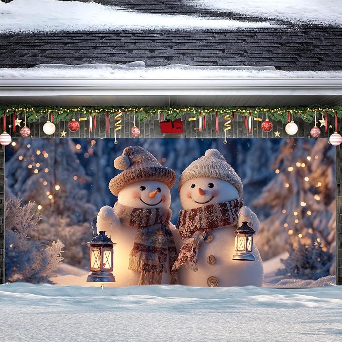 ANNA QUEEN Winter Garage Door Banner 6×13 FT, Smiling Snowman Couple - Image 2