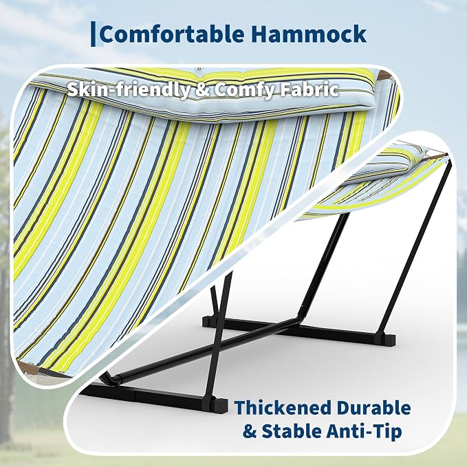 2 Person Double Hammock with Adjustable Steel Stand & Pillow, Heavy Duty - Image 8