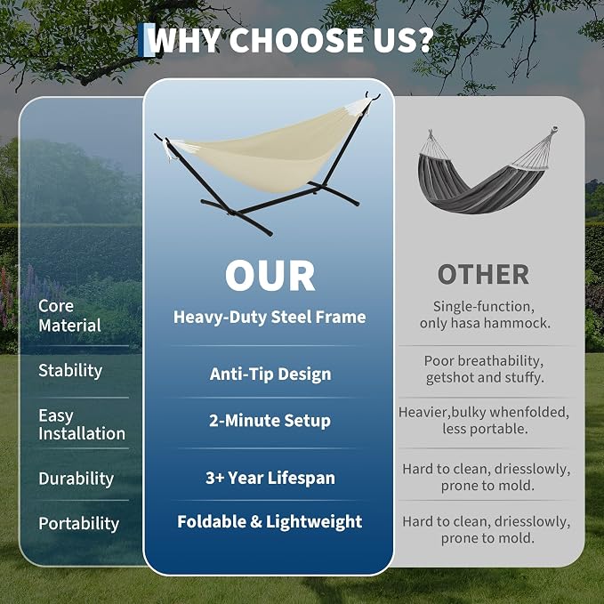 Double Hammocks with Stand for Outside, Portable Space Saving Heavy-Duty Steel - Image 5
