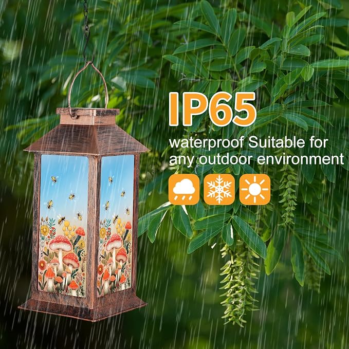 Outdoor Hanging Solar Lantern Waterproof Outside Bees Mushrooms Pattern - Image 4