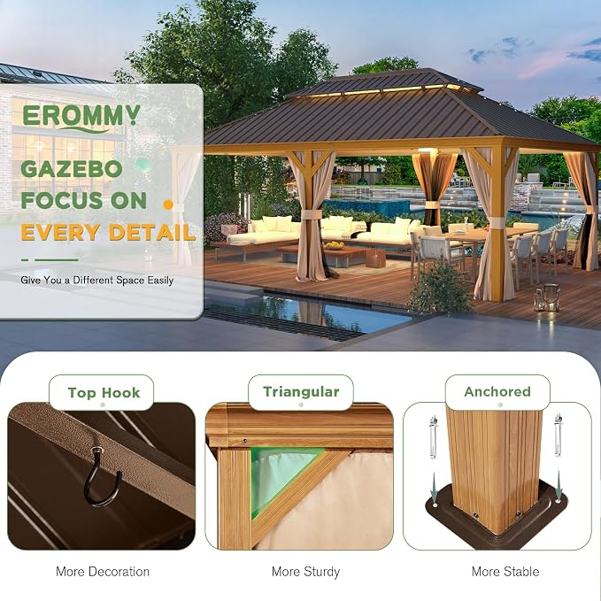 EROMMY 12'x22' Gazebo, Wooden Finish Coated Aluminum Frame Pergola - Image 6