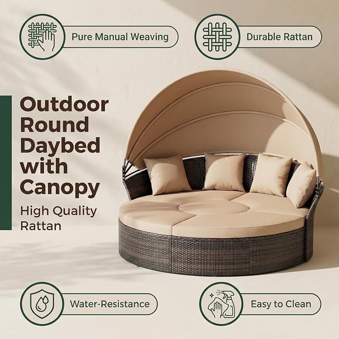 Outdoor Patio Daybed with Retractable Canopy, Wicker Rattan Sectional Round - Image 2