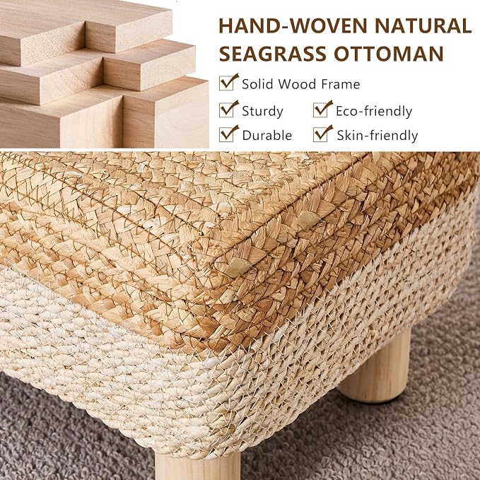 Wimarsbon Natural Seagrass Footstool Ottoman Rectangular Footrest Pouf Ottomans - Image 4
