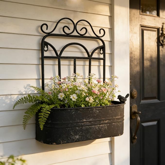 Rustic Metal Wall Planter Vintage Wall Mounted Flower Pot Distressed Wall - Image 3