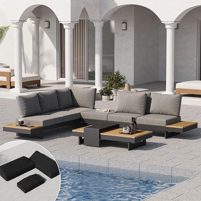 homary 6-Piece Modular Outdoor Sofa Set, Aluminum & Teak Patio Conversation Set by Homary