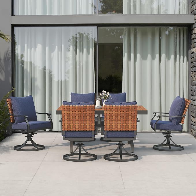 Grand patio 7-Piece Outdoor Dining Set, 6 Leather-Look Wicker Blue Swivel Patio - Image 2