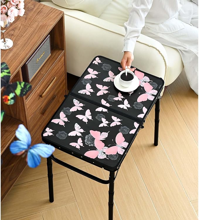 Small Camping Table, Vintage French Butterflies Pattern Folding Table, - Image 2